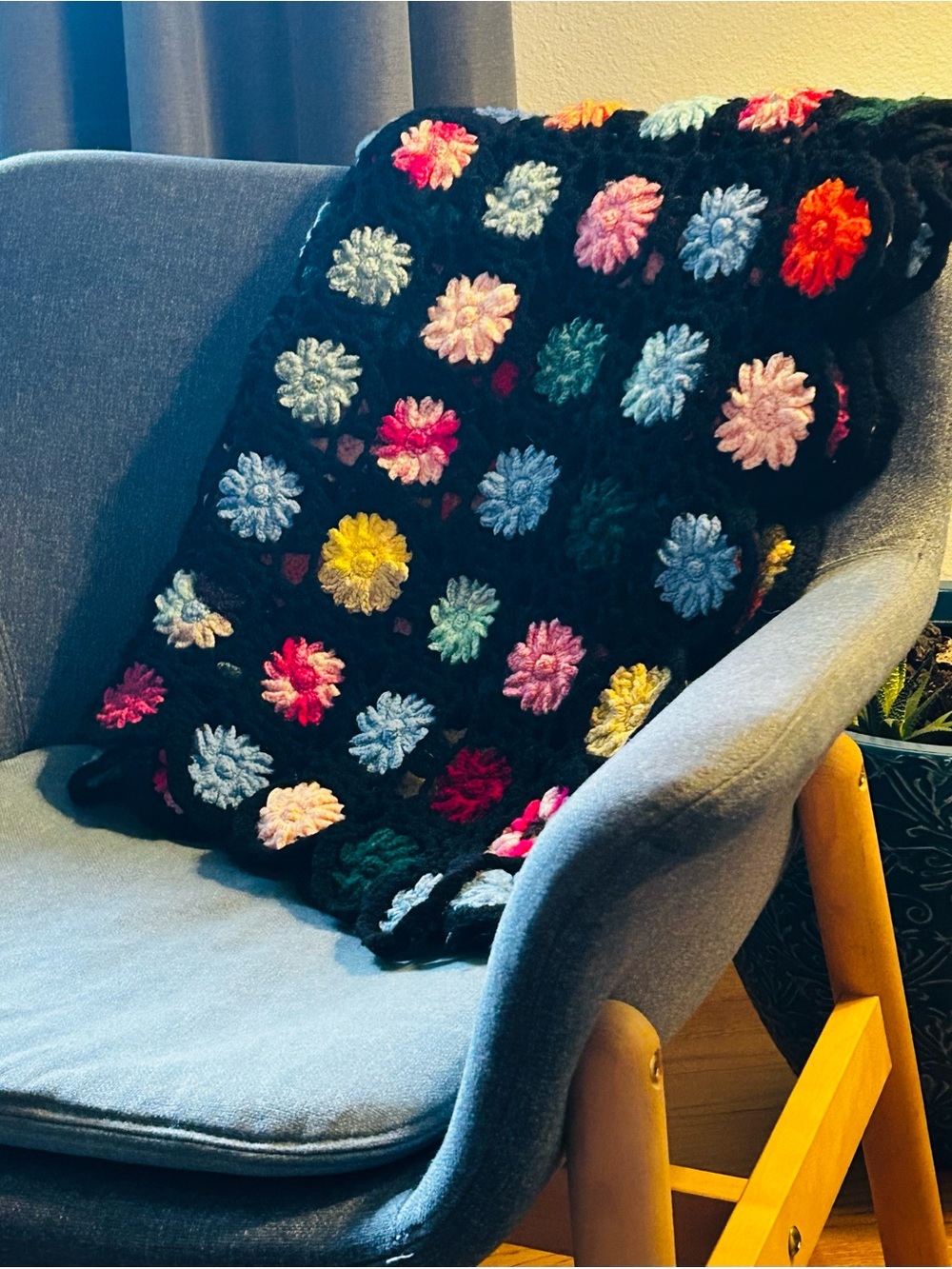 Vintage Crochet Flower Afghan Blanket, Handmade Floral Granny Square Throw